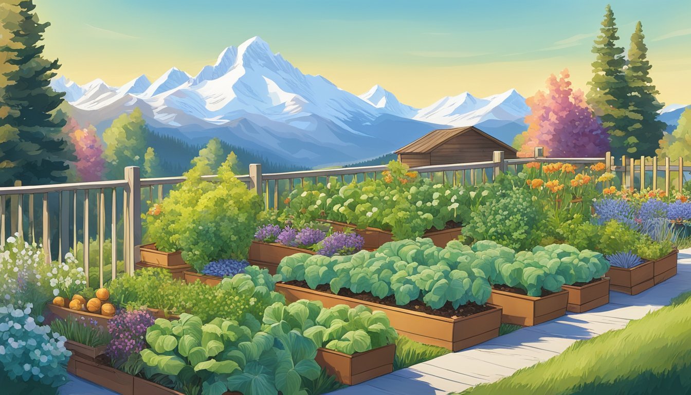 A sunny Montana garden with thriving vegetable plants, surrounded by snow-capped mountains and a clear blue sky