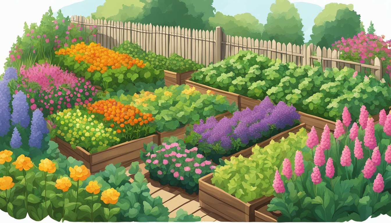 A lush Vermont garden with rows of thriving vegetables, surrounded by a wooden fence and dotted with colorful flowers