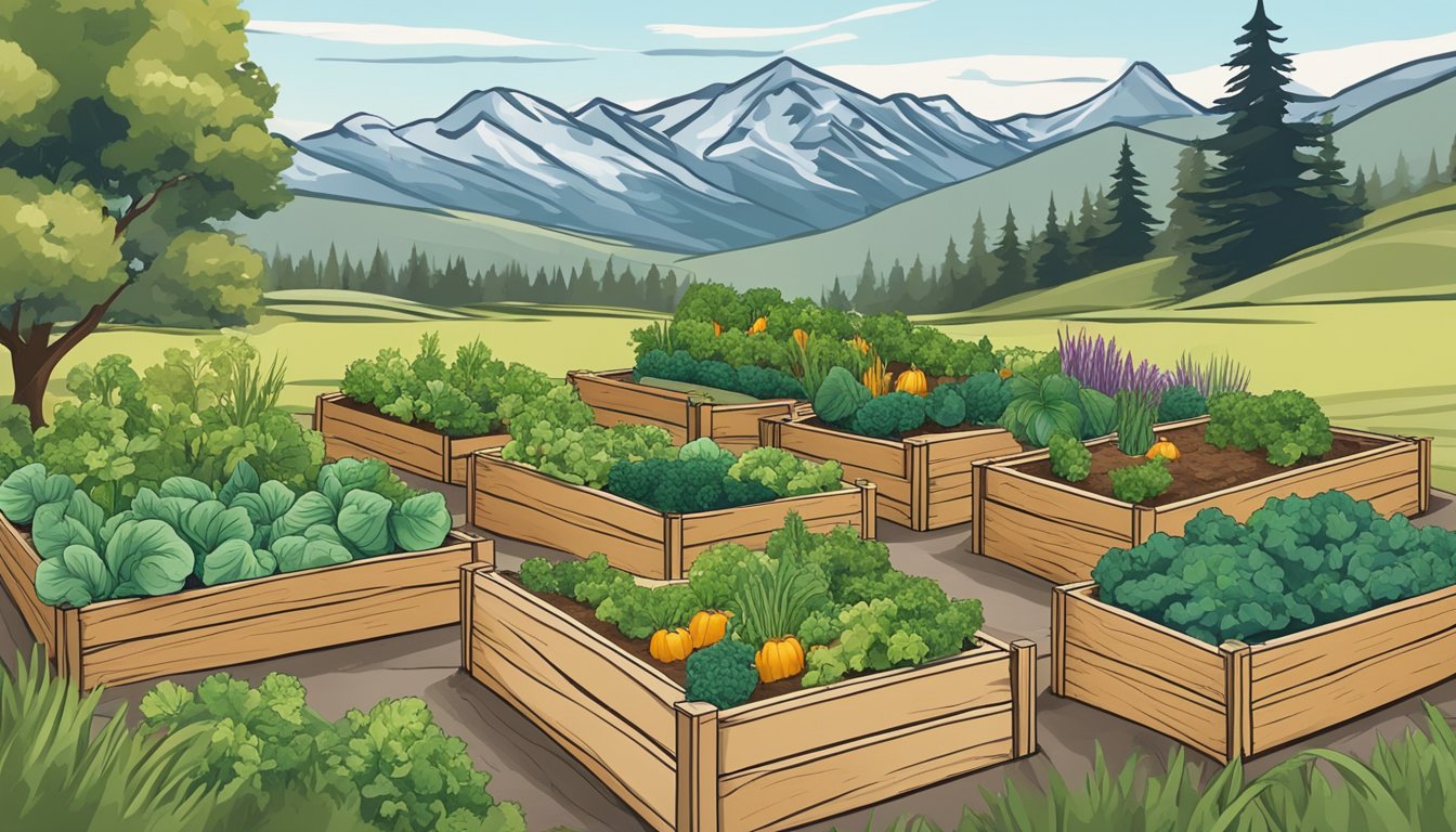 A rustic wooden raised garden bed filled with thriving vegetables, surrounded by the picturesque mountains of Montana