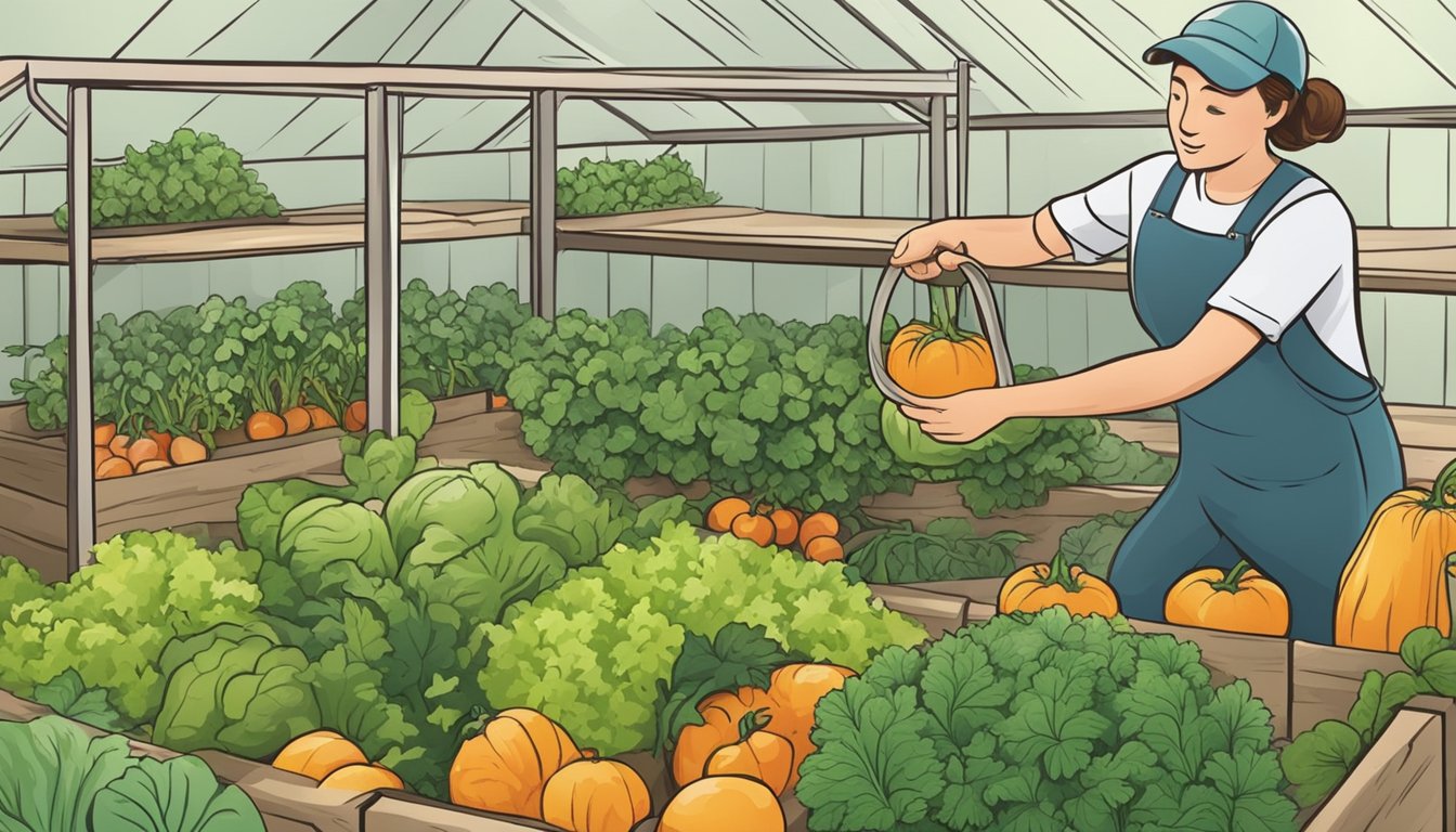 A person harvesting ripe vegetables from a lush garden, then carefully storing them in a root cellar for the winter