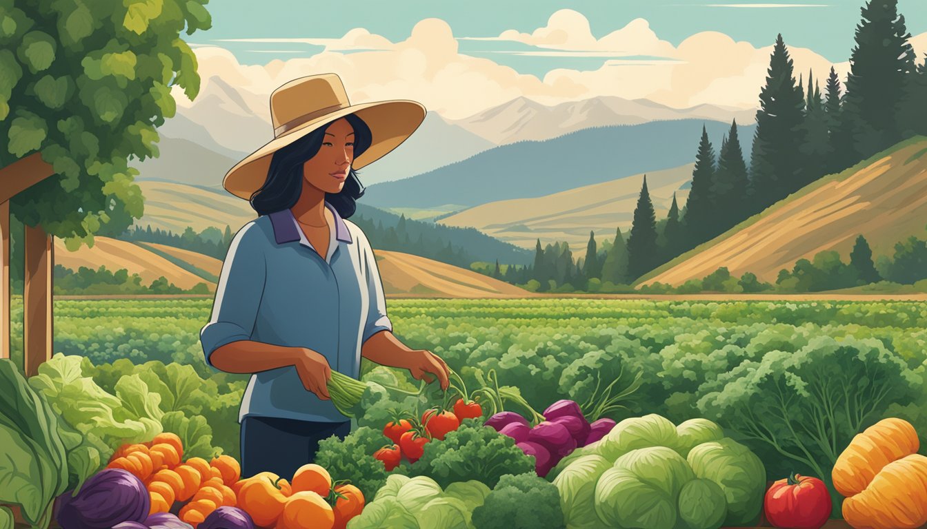 A person in a wide-brimmed hat selects ripe vegetables from a garden in Montana, surrounded by lush greenery and towering mountains in the distance