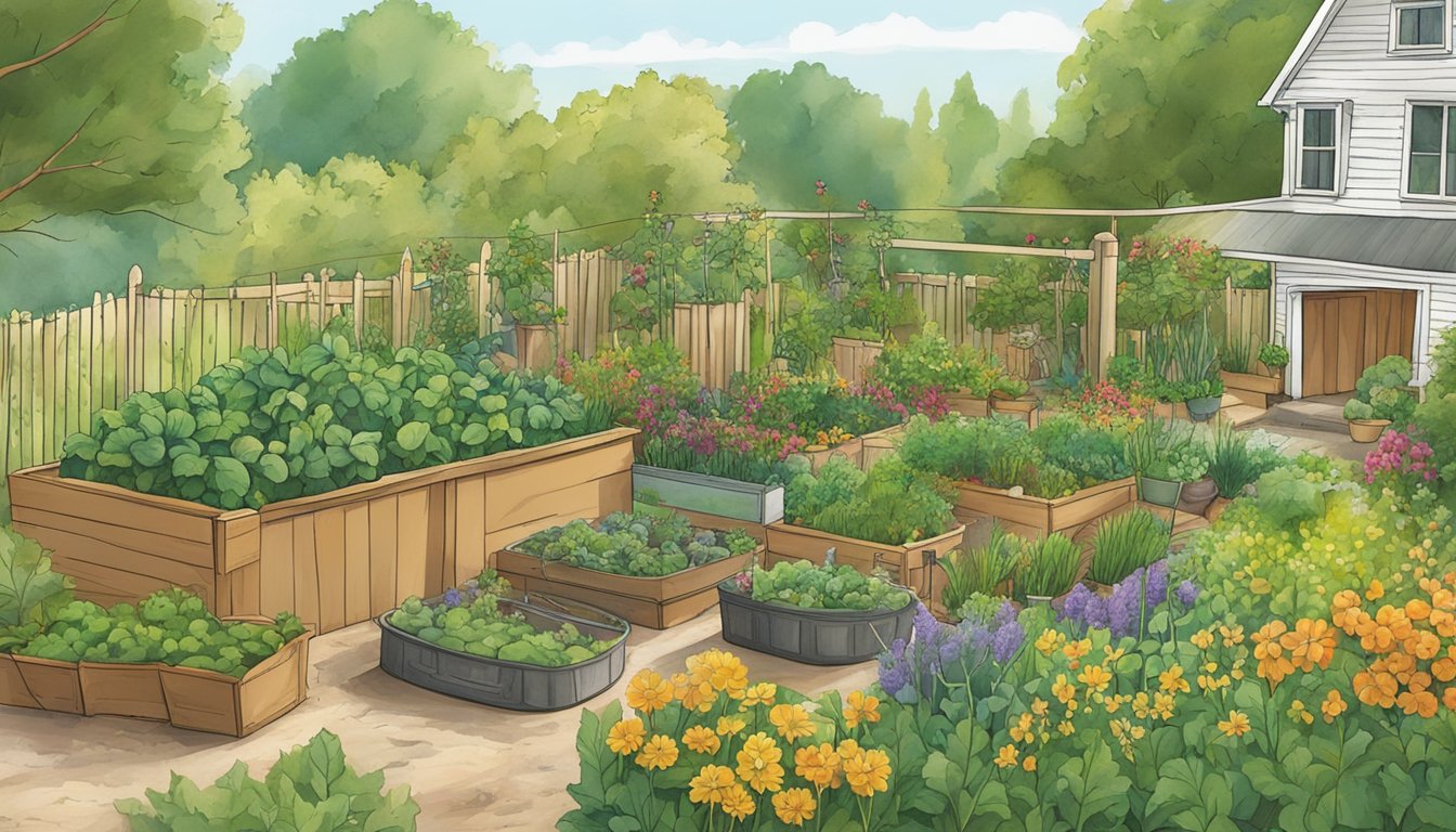 A garden in Vermont with various tools and resources for vegetable gardening