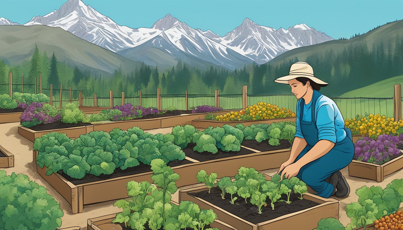 A person planting vegetables in a Montana garden, surrounded by mountains and under a clear blue sky