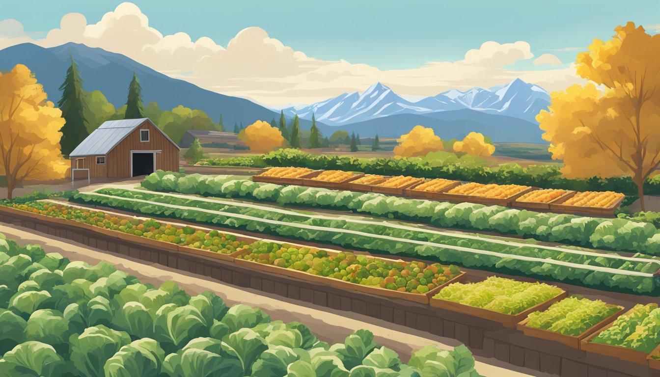 A sunny Montana garden with rows of thriving vegetables, surrounded by mountains and blue skies