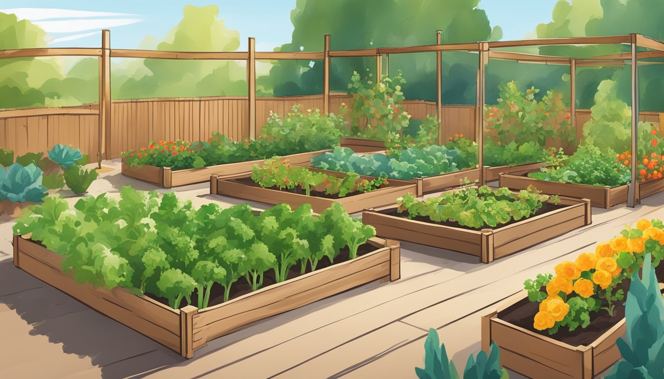 A garden in Colorado with raised beds, drip irrigation, and a variety of vegetables growing in the bright sunlight