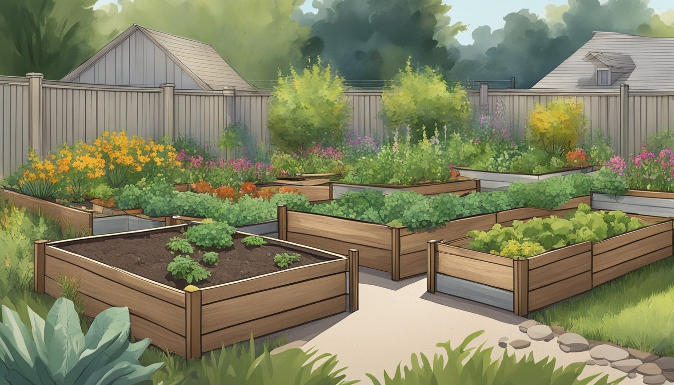 A lush Montana vegetable garden with raised beds, compost bins, and a rainwater collection system. The garden is surrounded by native plants and wildlife