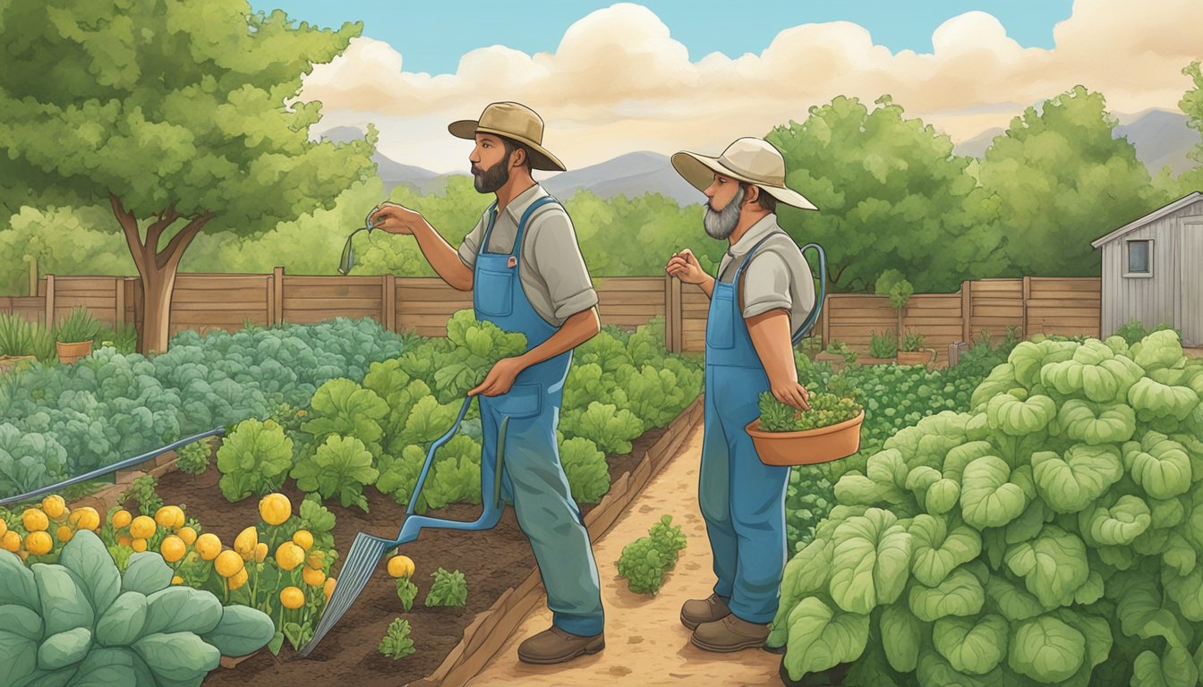 A gardener in Colorado tends to their vegetable garden, inspecting plants for signs of pests and disease, while using natural control methods