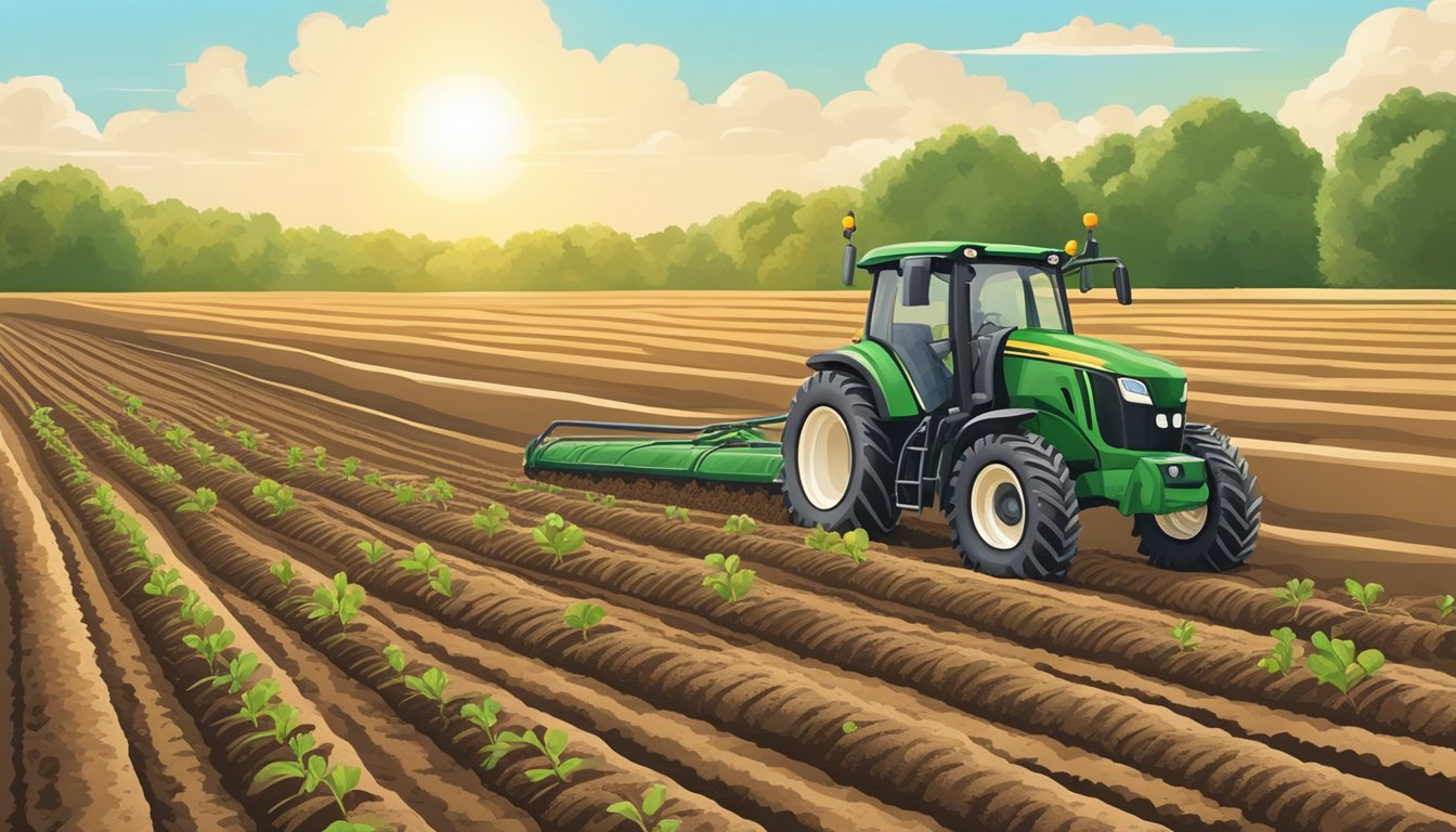 Rich soil being tilled and fertilized, with rows of young vegetable plants under the warm South Carolina sun