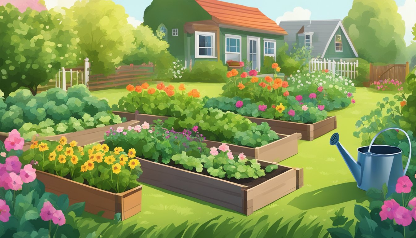 A sunny backyard with raised garden beds, filled with vibrant green vegetables and surrounded by blooming flowers. A watering can and gardening tools are scattered nearby