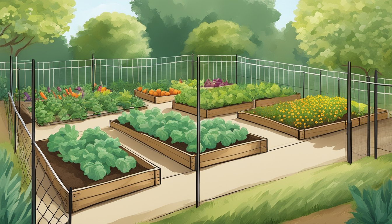 A sunny South Carolina garden with raised beds, trellises, and rows of various vegetables, surrounded by a fence to keep out pests