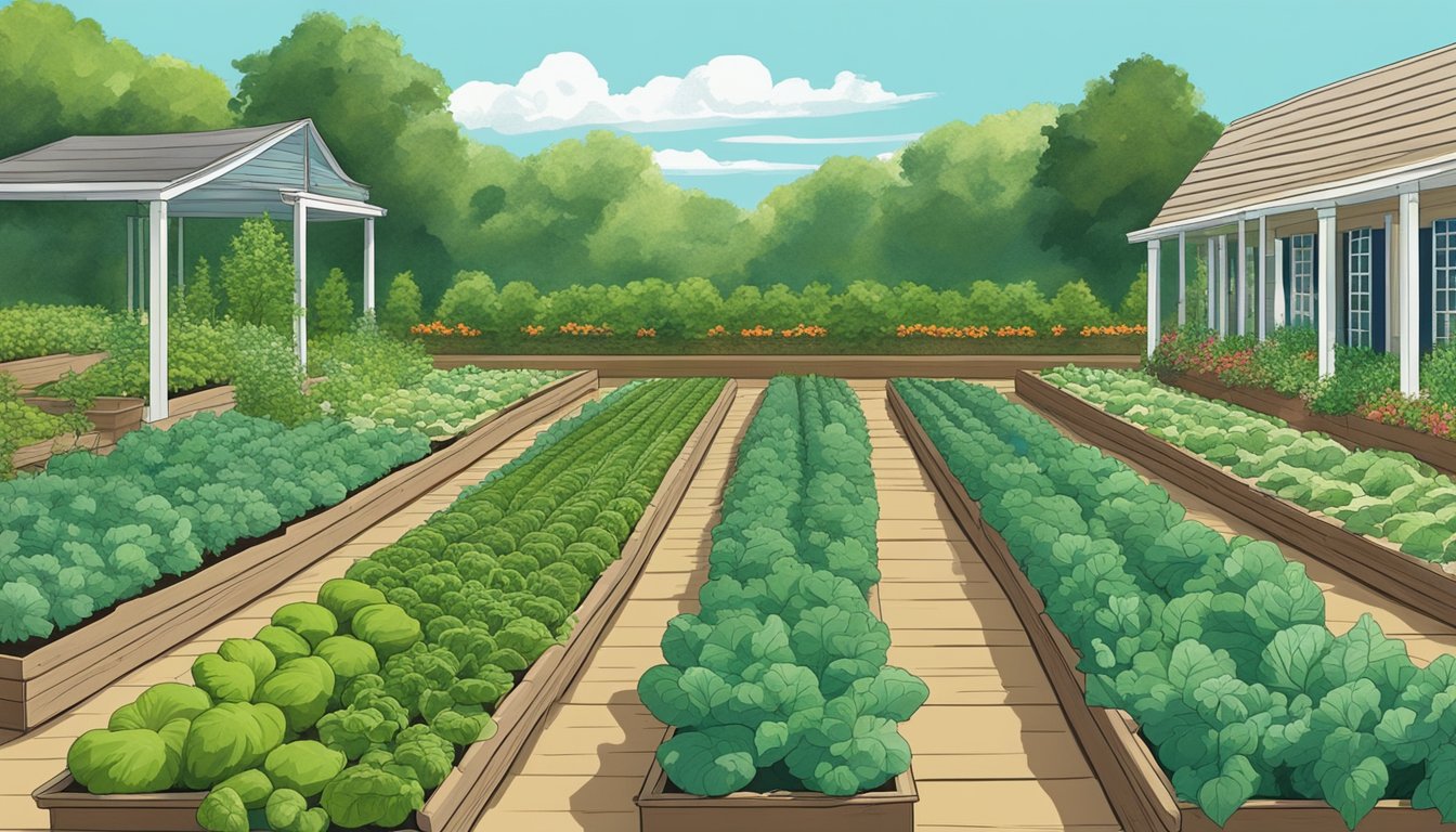 Lush green vegetable garden in South Carolina, with rows of thriving plants under a clear blue sky