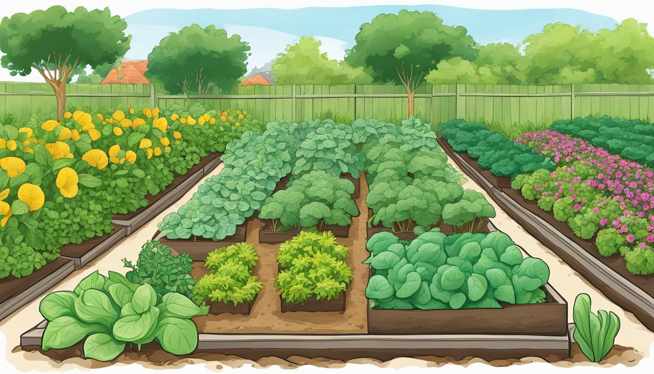 Lush green garden in Florida with rows of thriving vegetables, mulch-covered soil, and strategically placed companion plants for natural pest control