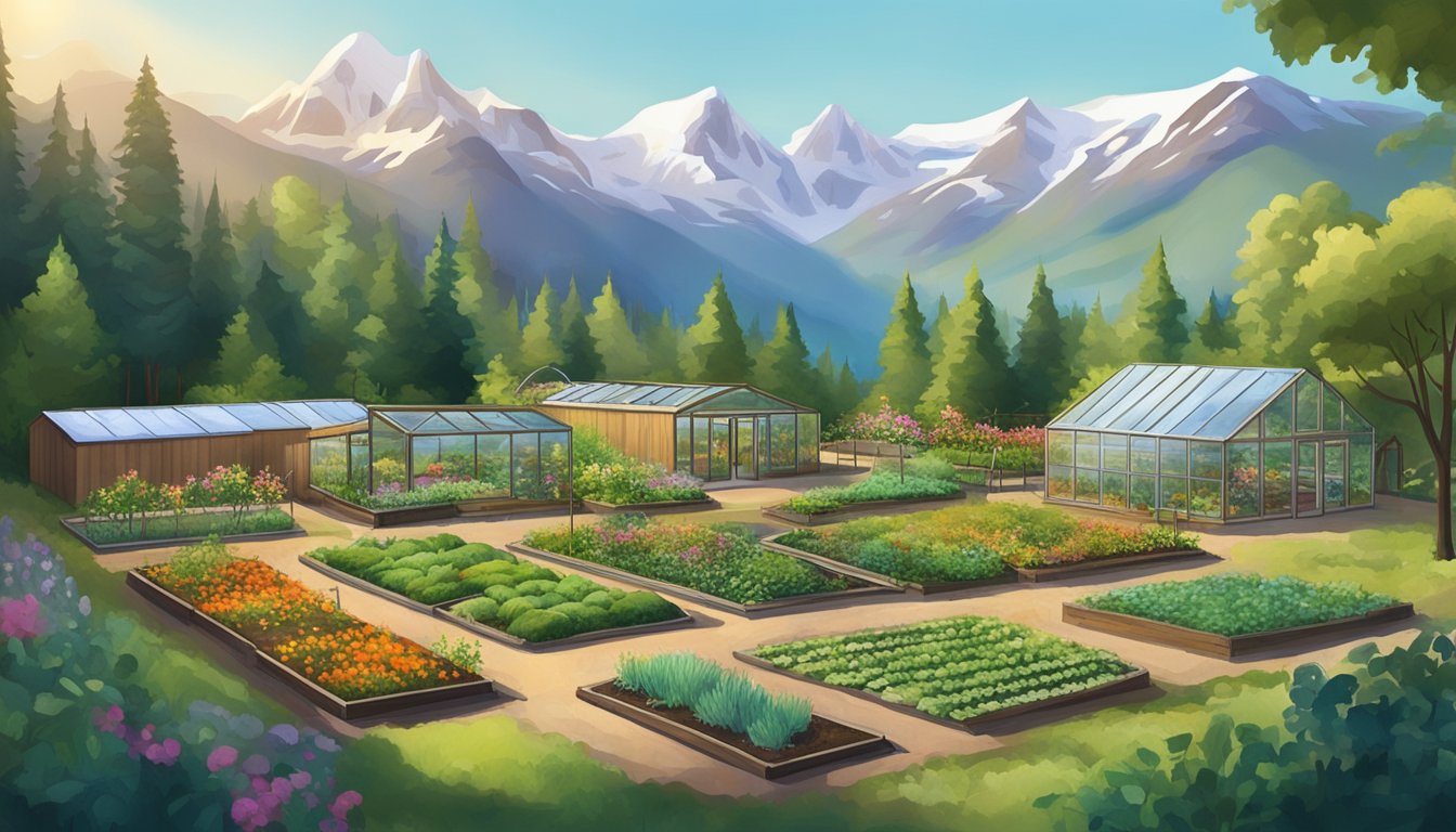 A lush garden in Alaska with raised beds, a greenhouse, and a community gathering area surrounded by mountains and forests