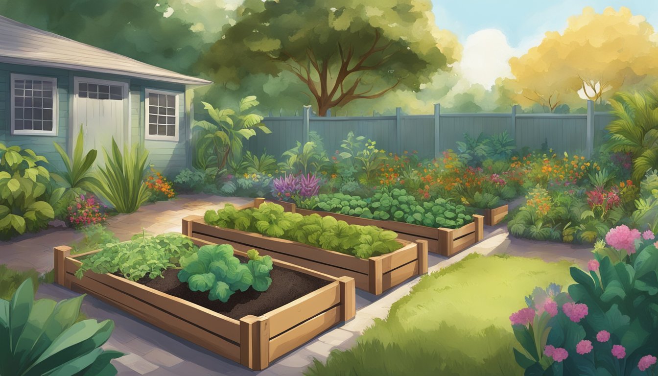 A lush Florida garden with raised beds, filled with thriving vegetables, surrounded by native plants and a compost bin