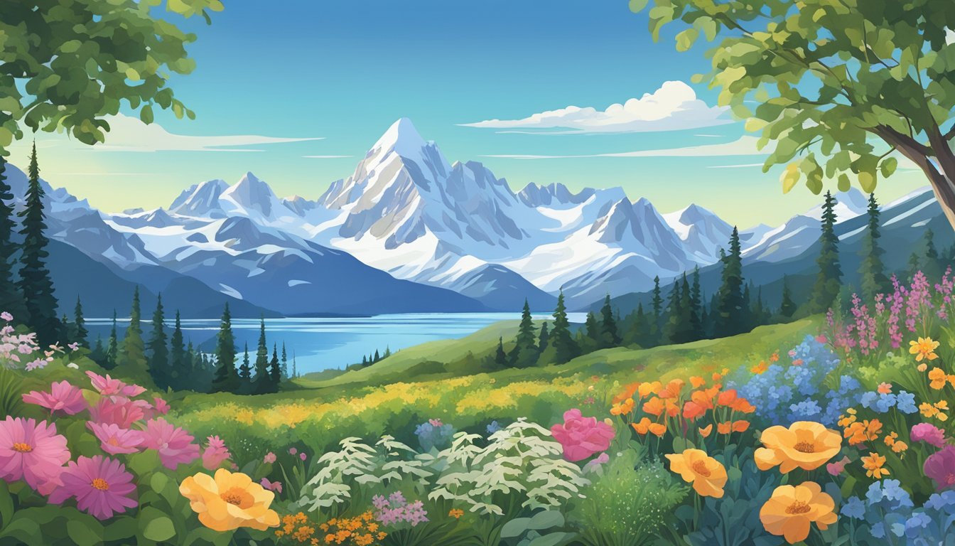 A lush garden in Alaska, filled with vibrant herbs and edible flowers, surrounded by snow-capped mountains and a clear blue sky