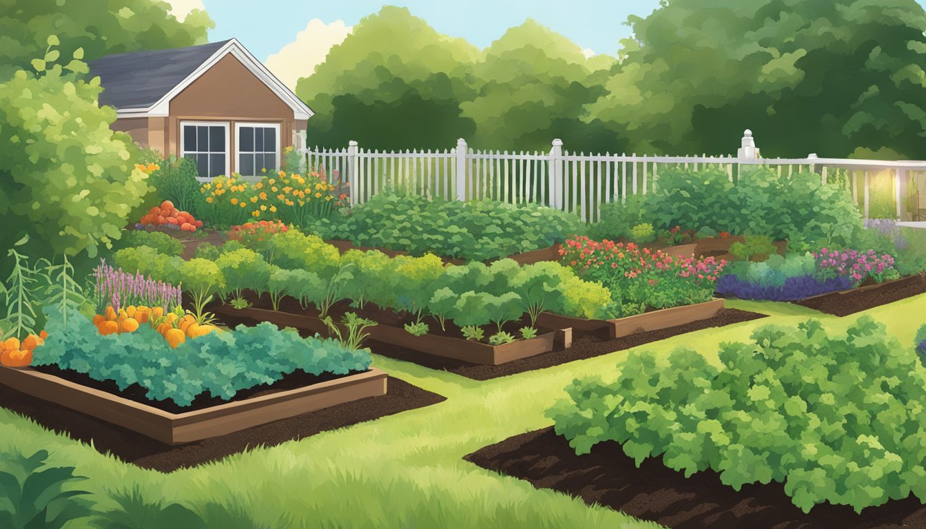 A sunny North Carolina garden with rich, dark soil and various vegetables thriving in the warm climate