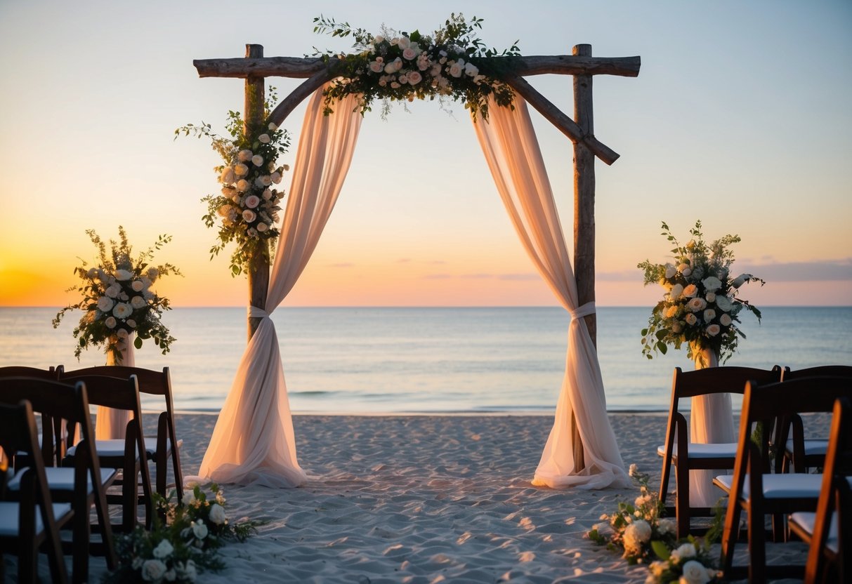 A serene beach at sunset, with a rustic arch adorned with flowers and billowing curtains, set up for a wedding ceremony