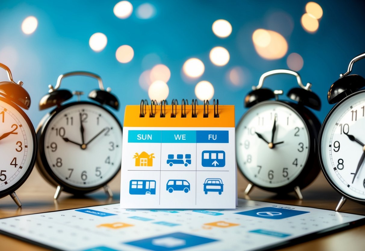 A calendar with travel and accommodation icons, surrounded by clocks showing different time zones