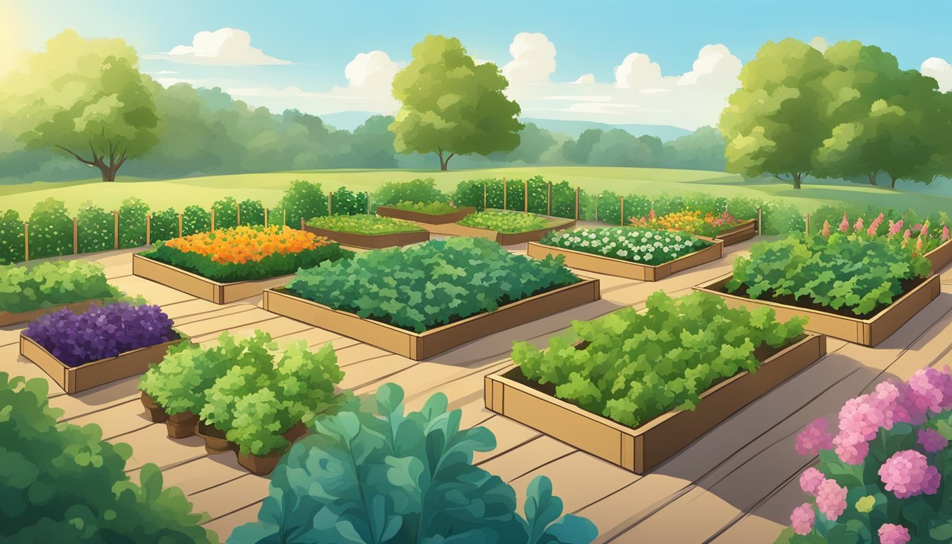 A sunny garden plot with raised beds filled with various vegetables, surrounded by lush green foliage and blooming flowers, under a clear blue sky in North Carolina