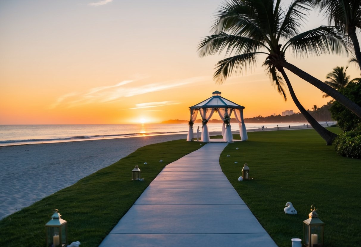 A beach with a sunset in the background, palm trees swaying in the breeze, and a path leading to a gazebo decorated for a wedding