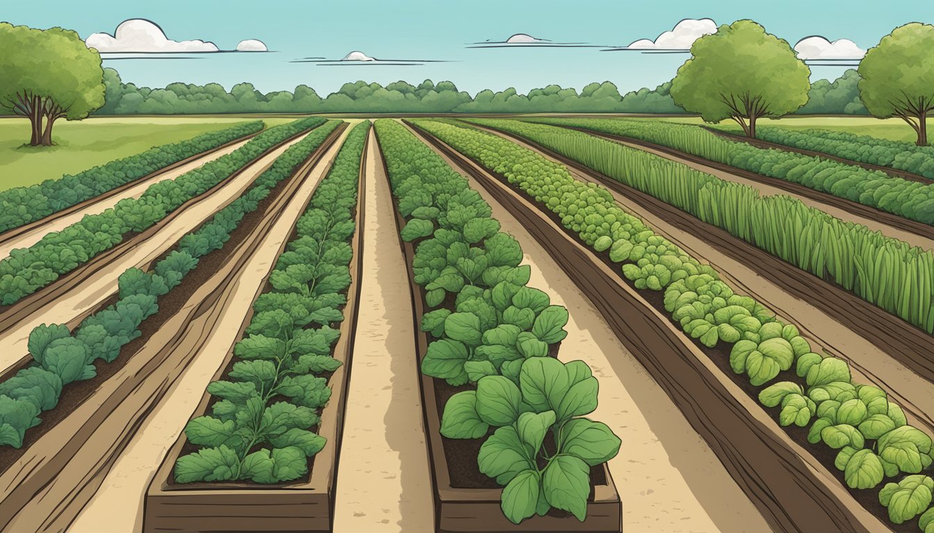 Lush green Illinois vegetable garden with rows of various crops, rich soil, and a clear blue sky overhead