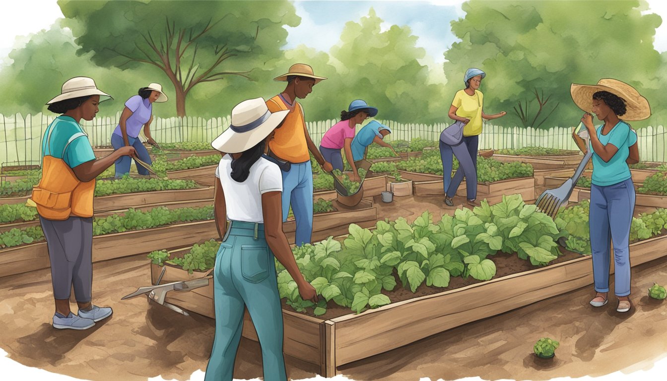 A group of people planting and tending to a vegetable garden in North Carolina, surrounded by a supportive community and educational resources