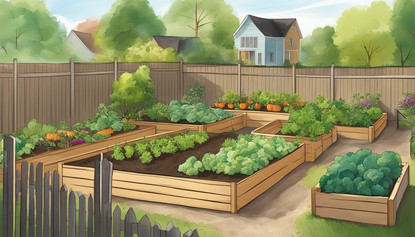 A sunny Illinois backyard with raised garden beds filled with a variety of vegetables, surrounded by a fence to keep out critters