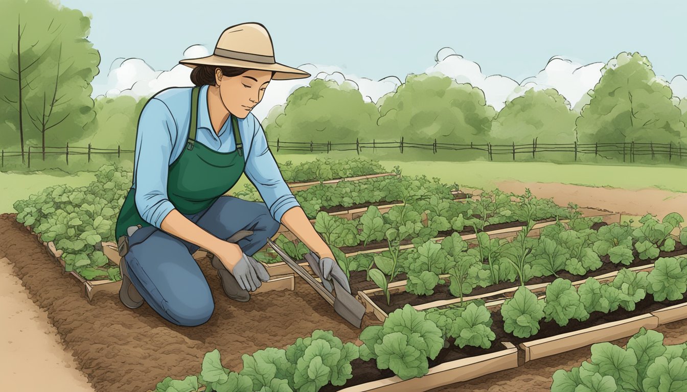 A person planting rows of vegetables in an Illinois garden, with tools and seed packets nearby