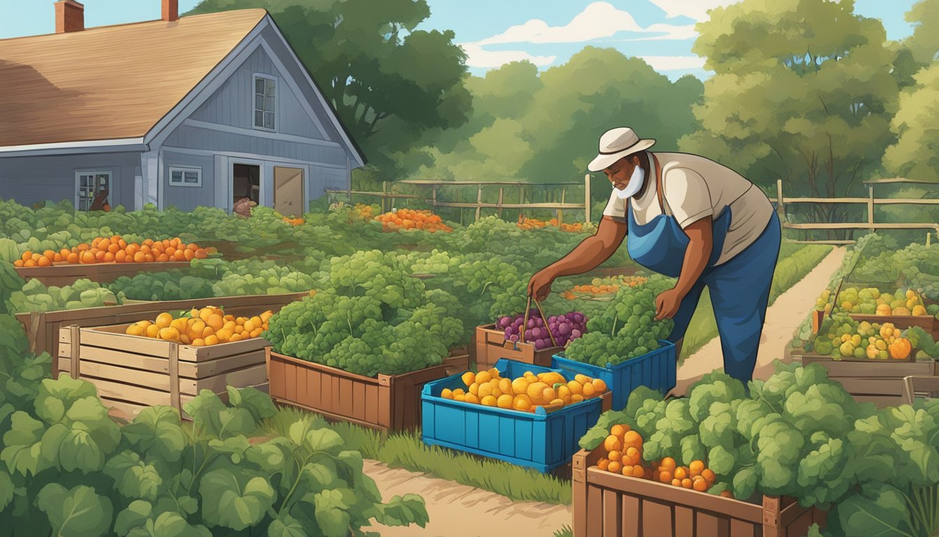 A person picking ripe vegetables in an Illinois garden, with crates and baskets for post-harvest handling nearby