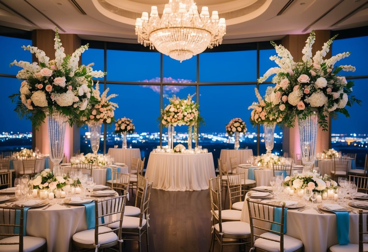 A lavish wedding reception in a grand ballroom, adorned with luxurious floral arrangements and elegant decor, set against a backdrop of twinkling city lights on a warm summer evening