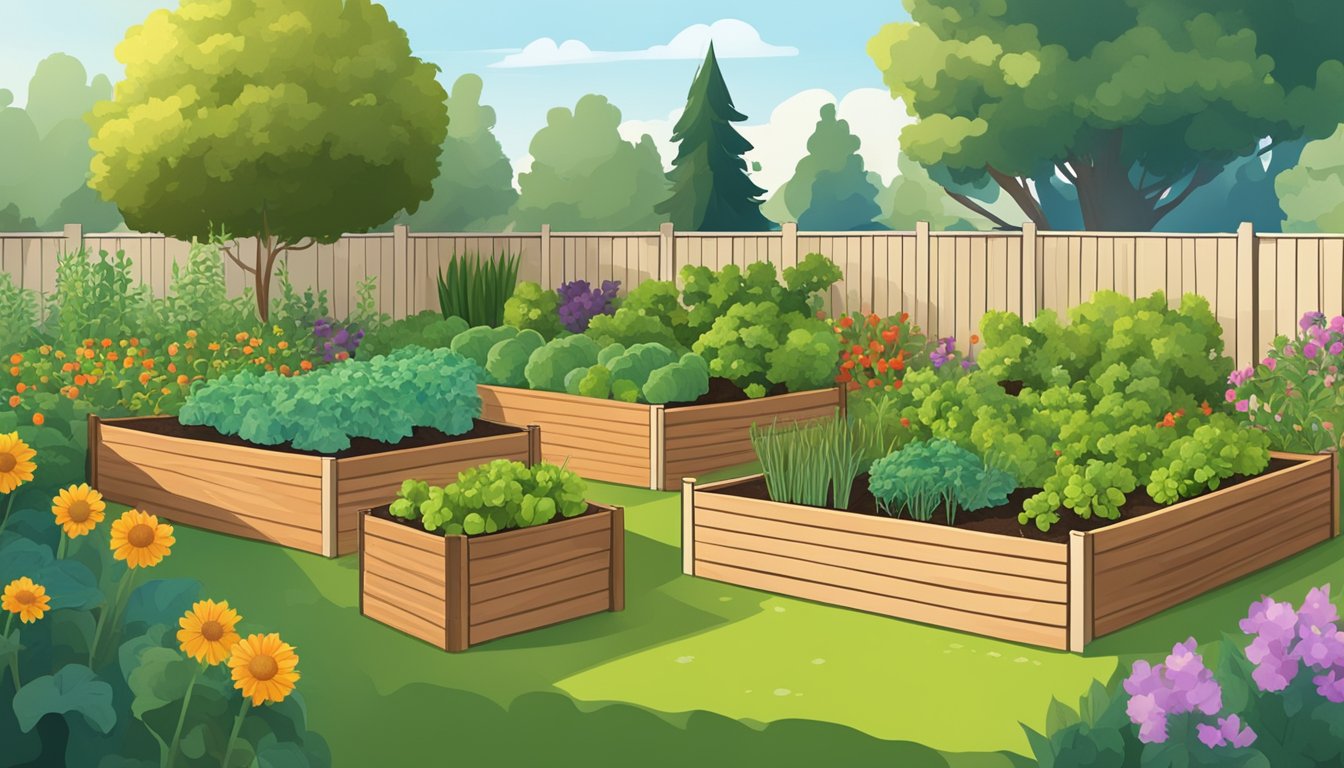 A sunny backyard with raised garden beds, filled with a variety of thriving vegetables, surrounded by a fence to keep out pests