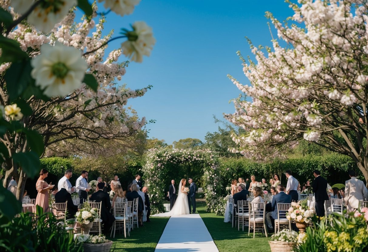 A lush garden with blooming flowers and a clear blue sky, indicating a spring or summer wedding, with vendors and venues bustling with activity