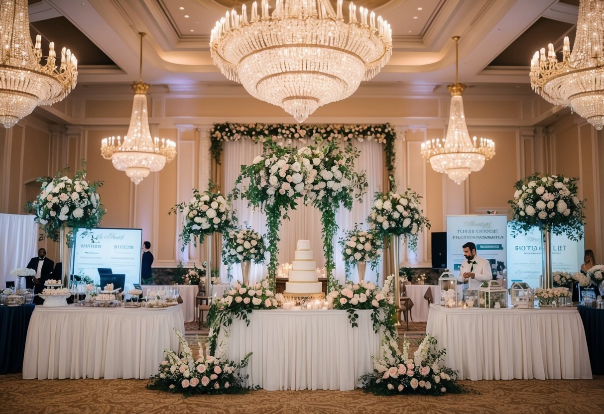 A lavish wedding reception in a grand ballroom, adorned with elegant floral arrangements and twinkling lights, with vendors showcasing their services and products