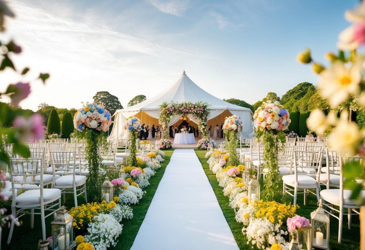 A lavish wedding set in a blooming garden, with colorful decorations and a grand tent, taking place on a warm summer day