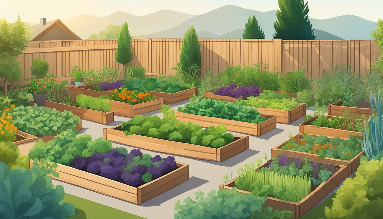 A sunny California backyard with raised garden beds filled with various vegetables and herbs, surrounded by a fence to keep out pests