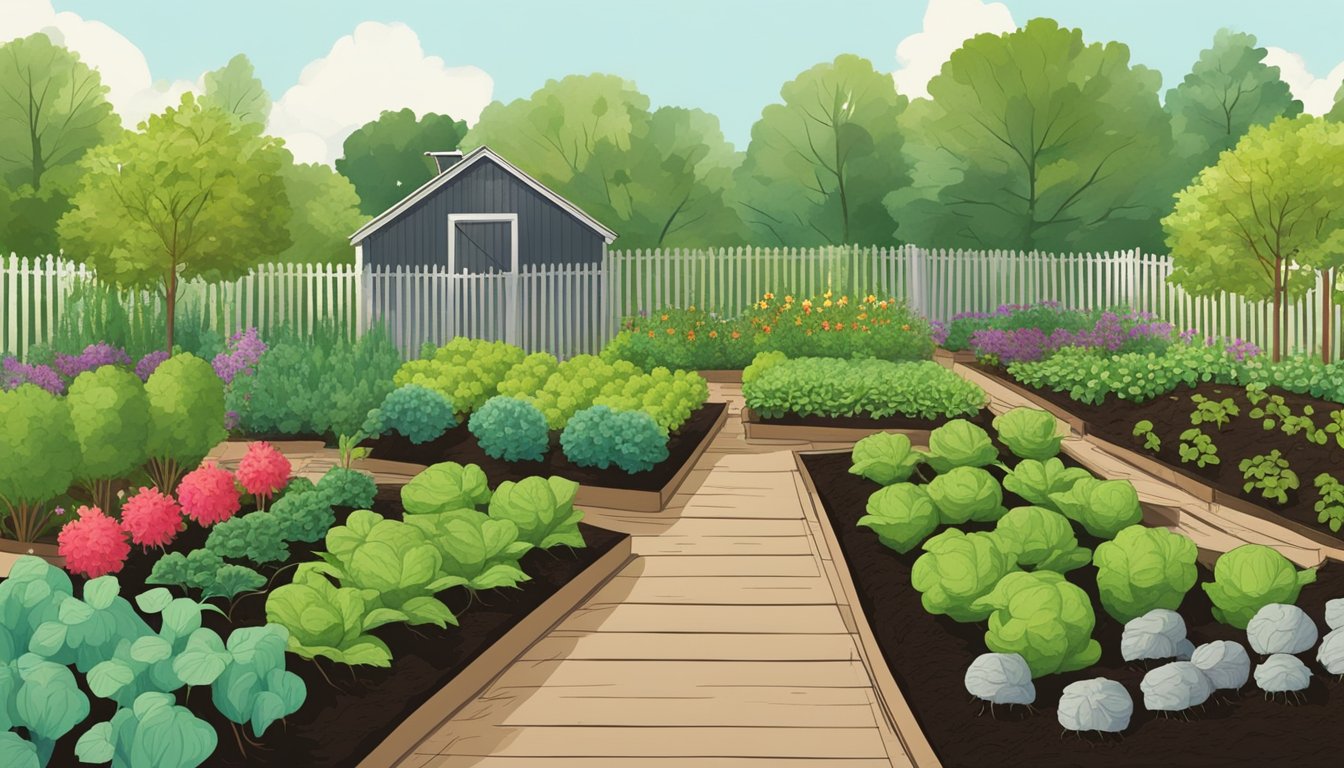 A lush vegetable garden in Missouri with rows of thriving plants, a rustic watering can, and a small compost pile surrounded by rich, dark soil