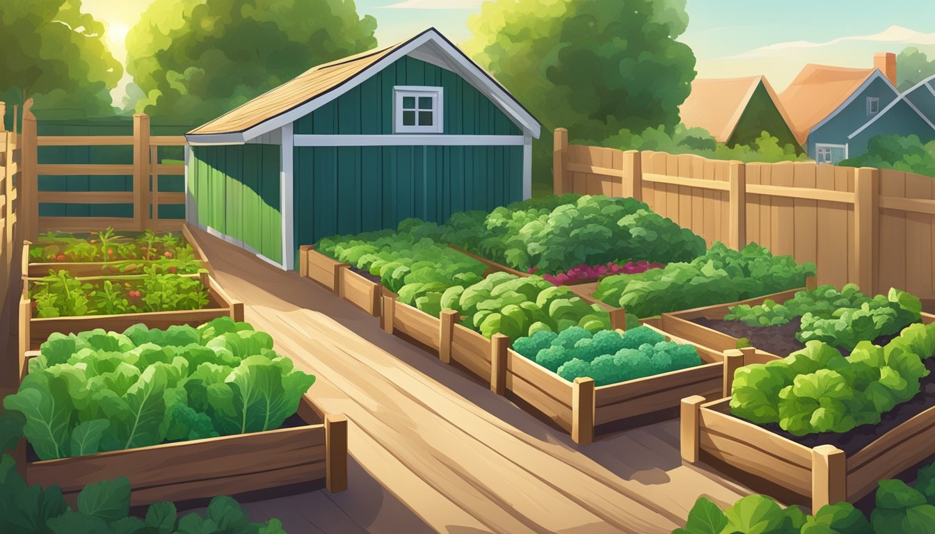 A sunny backyard with raised garden beds, filled with rows of vibrant green vegetables, surrounded by a wooden fence and a small shed in the background