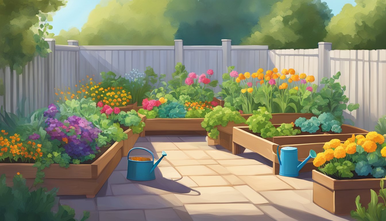 A sunny California backyard with raised beds filled with vibrant, leafy vegetables and colorful flowers. A small watering can sits nearby