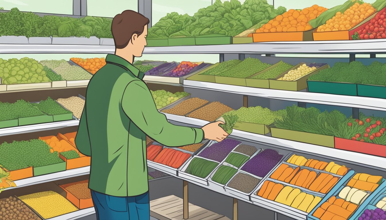 A person selecting various vegetable seed packets from a display in a garden center