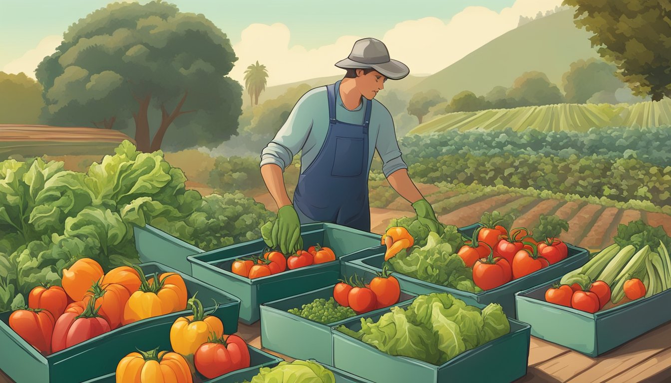 A person harvesting fresh vegetables from a garden in California, with a variety of produce such as tomatoes, peppers, and lettuce