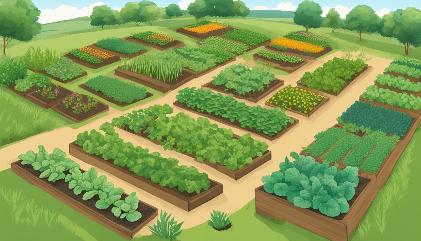 A vibrant vegetable garden in Nebraska, with rows of companion-planted crops and signs of crop rotation. The plants thrive in harmony, creating a diverse and healthy ecosystem