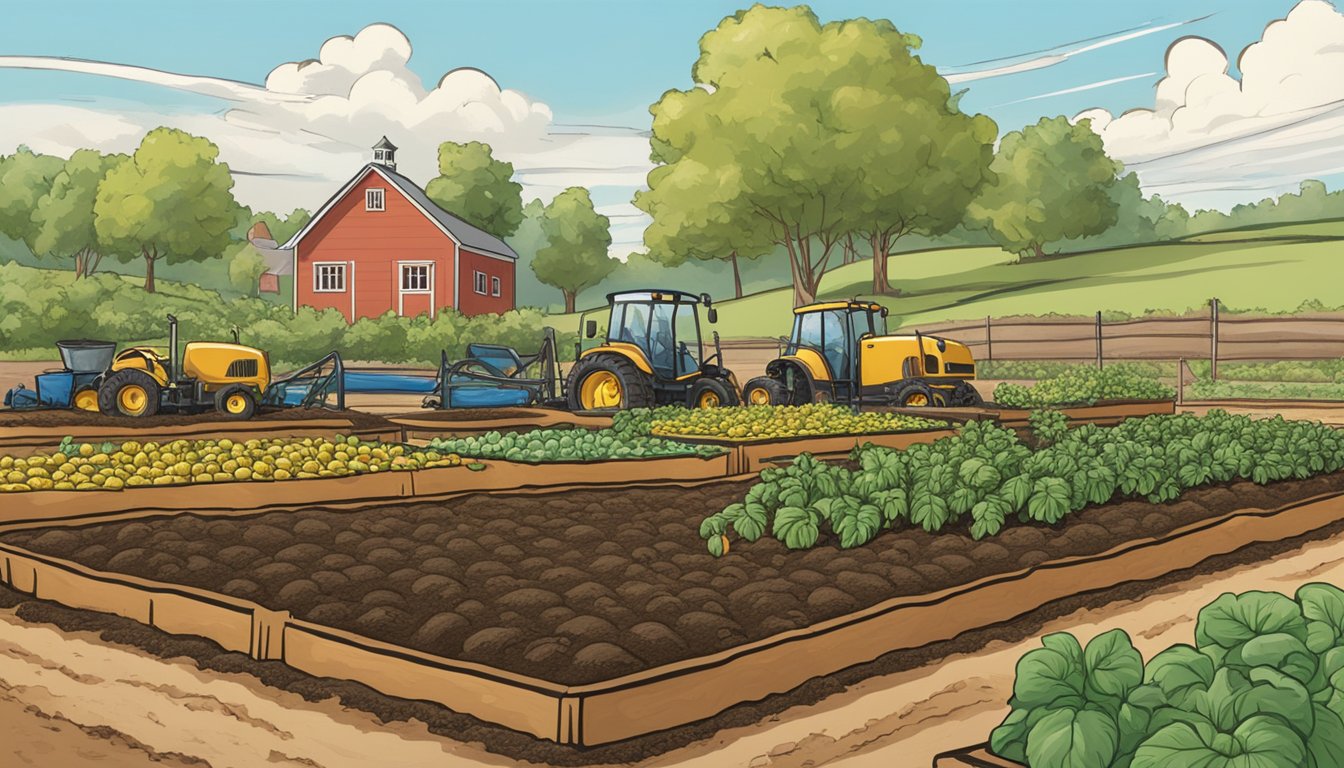 Rich soil being tilled and fertilized, with raised beds and rows of vegetables, under a sunny Connecticut sky