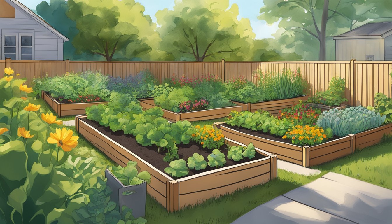 A sunny Iowa backyard with raised garden beds filled with thriving vegetables and surrounded by a variety of native plants