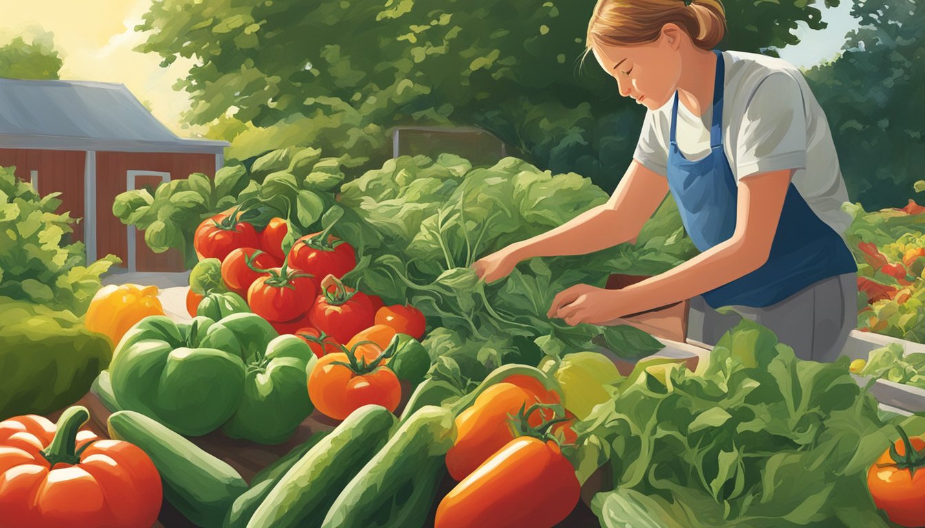 A person in Connecticut carefully selects various vegetables from a garden, including tomatoes, cucumbers, and peppers, with the sun shining overhead