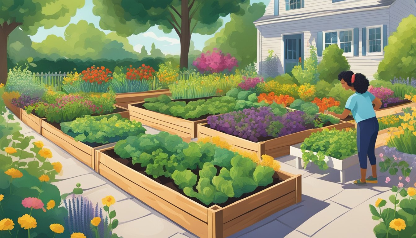 A sunny Iowa backyard with raised garden beds filled with rows of vibrant green vegetables. A gardener is seen carefully tending to the plants, surrounded by colorful flowers and buzzing bees