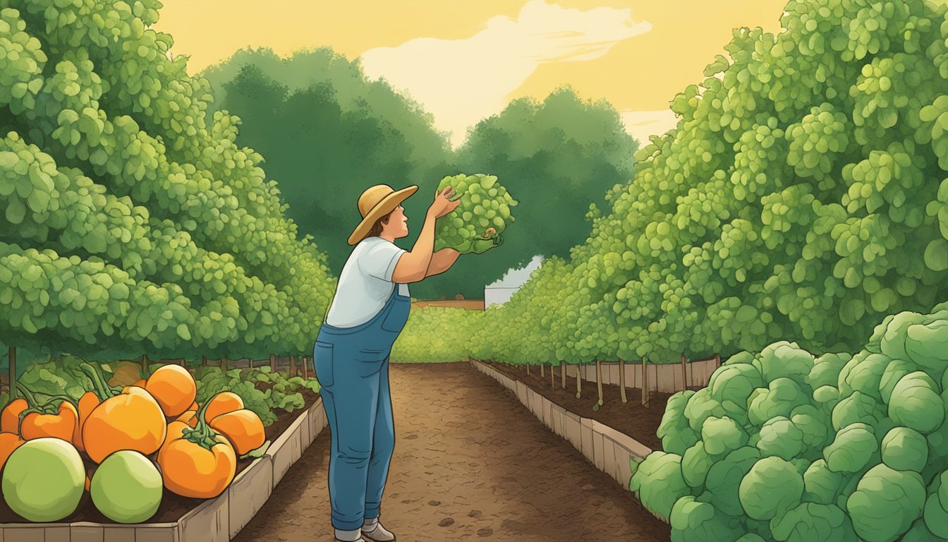 A person reaching for ripe vegetables in an Iowa garden