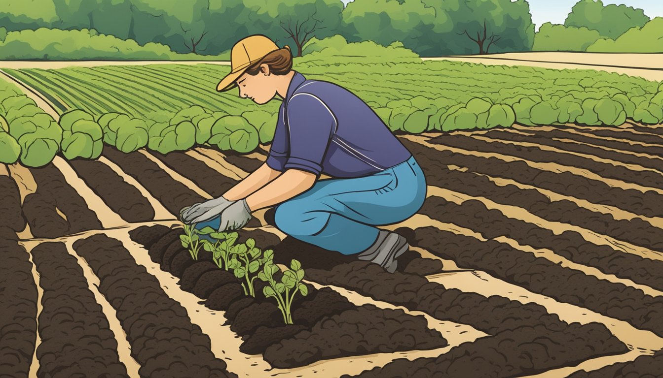 A person planting vegetable seeds in rich, dark soil within neat rows in a sunny garden in Connecticut