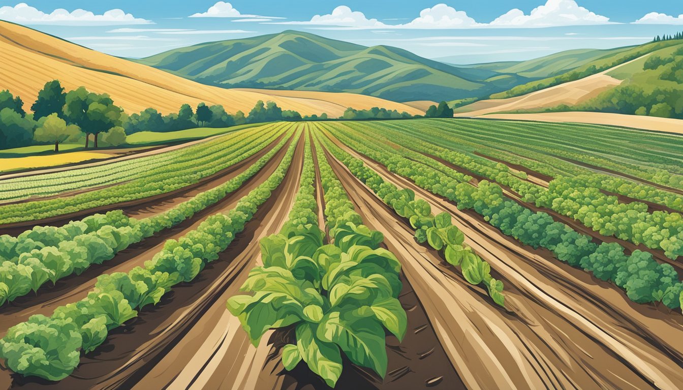 A sunny Idaho landscape with rows of thriving vegetable plants in rich, well-drained soil, surrounded by a backdrop of rolling hills and clear blue skies