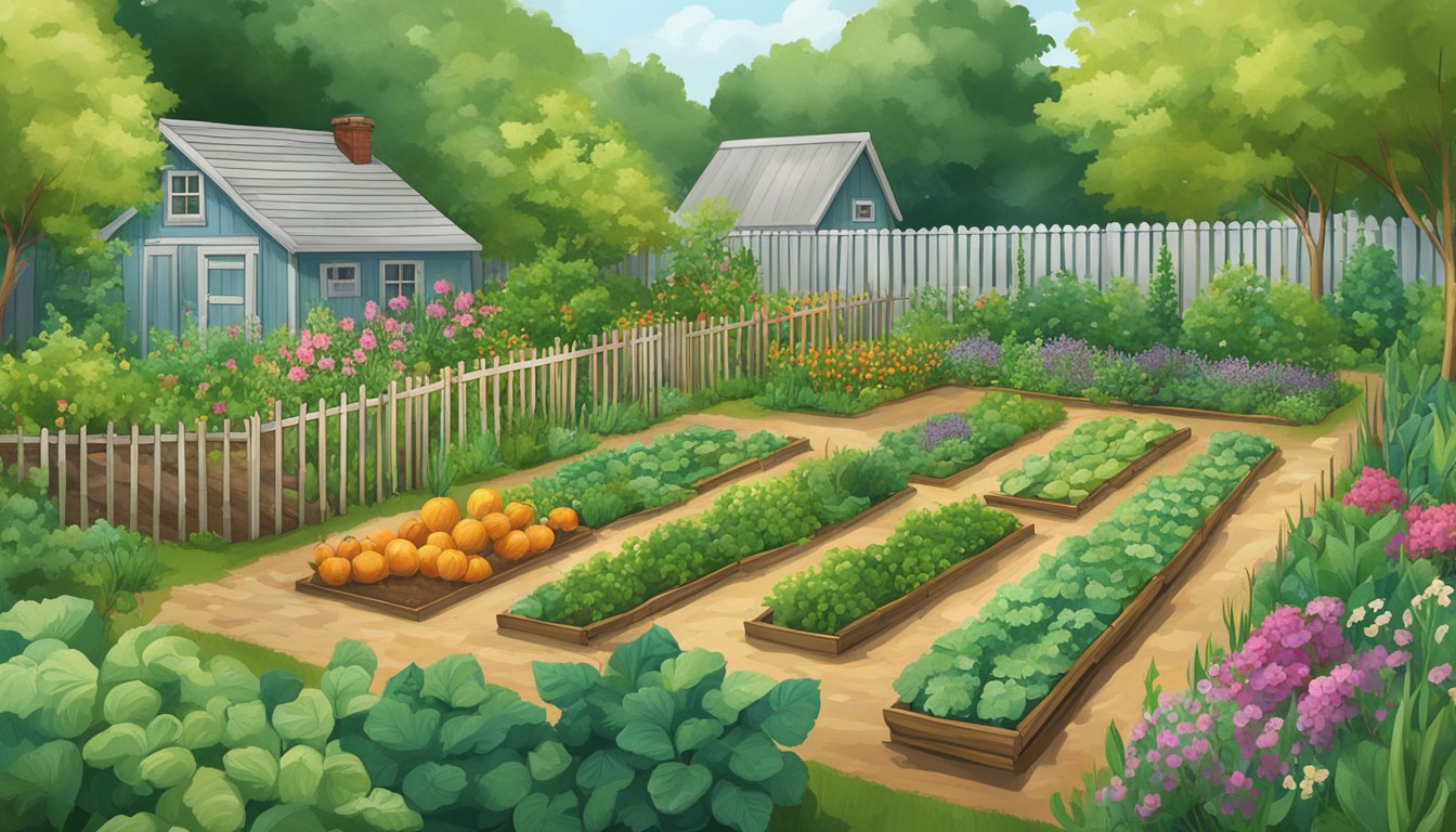 A garden in Connecticut with neatly arranged rows of vegetables, surrounded by a fence and a small shed for tools. The plants are thriving with lush green leaves and vibrant colors