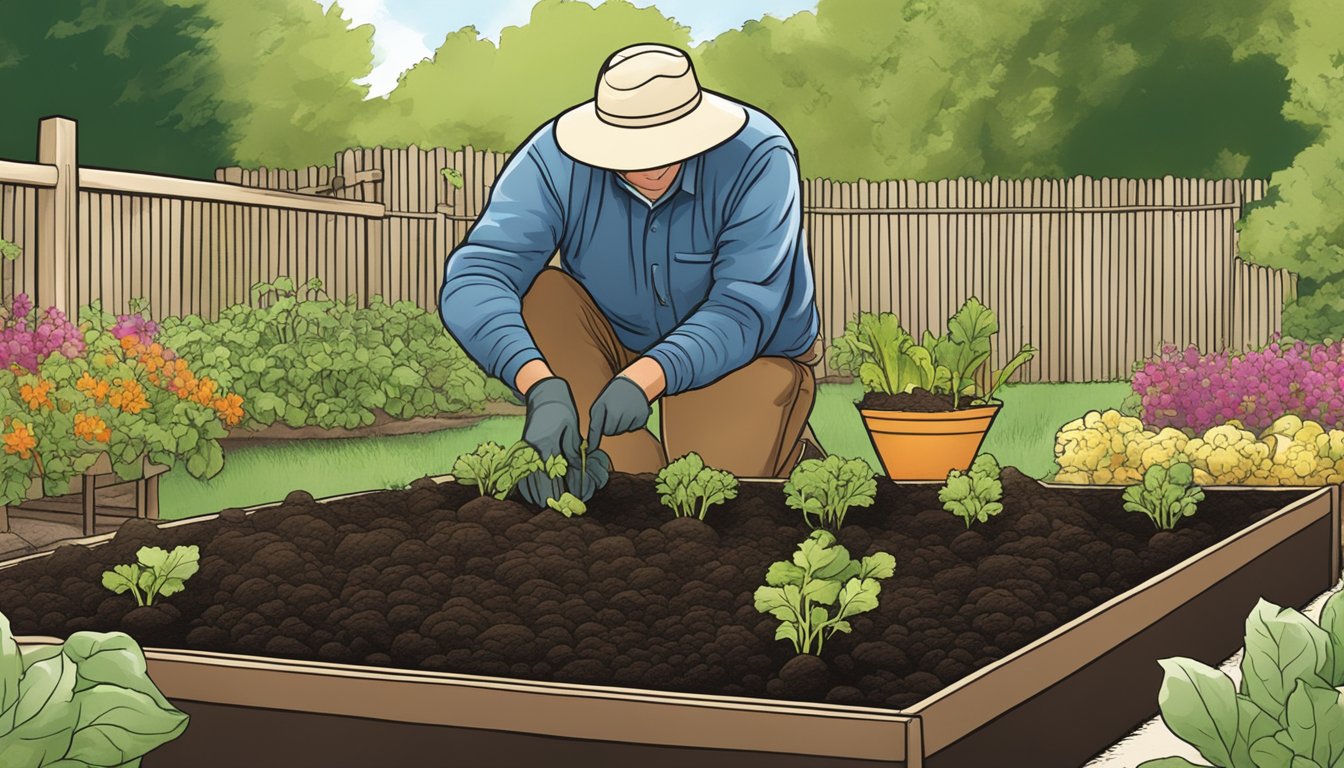 A person planting vegetables in rich, dark soil in a sunny Iowa garden